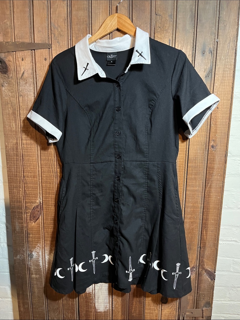 The Craft Black Mini Dress with White Collar & Crescent Embroidery